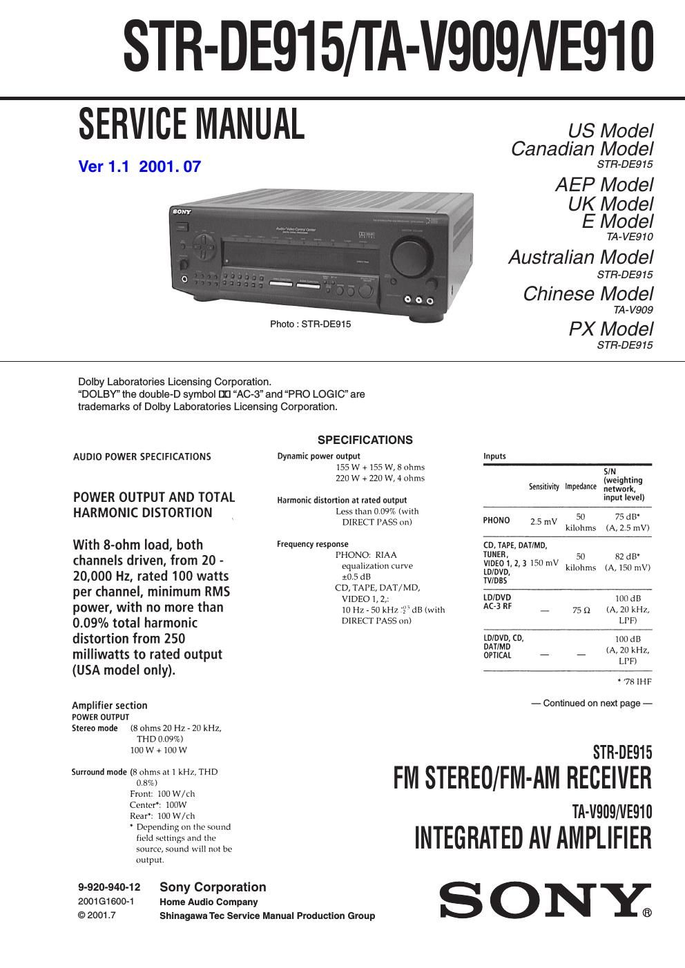 sony ta ve 910 service manual 2